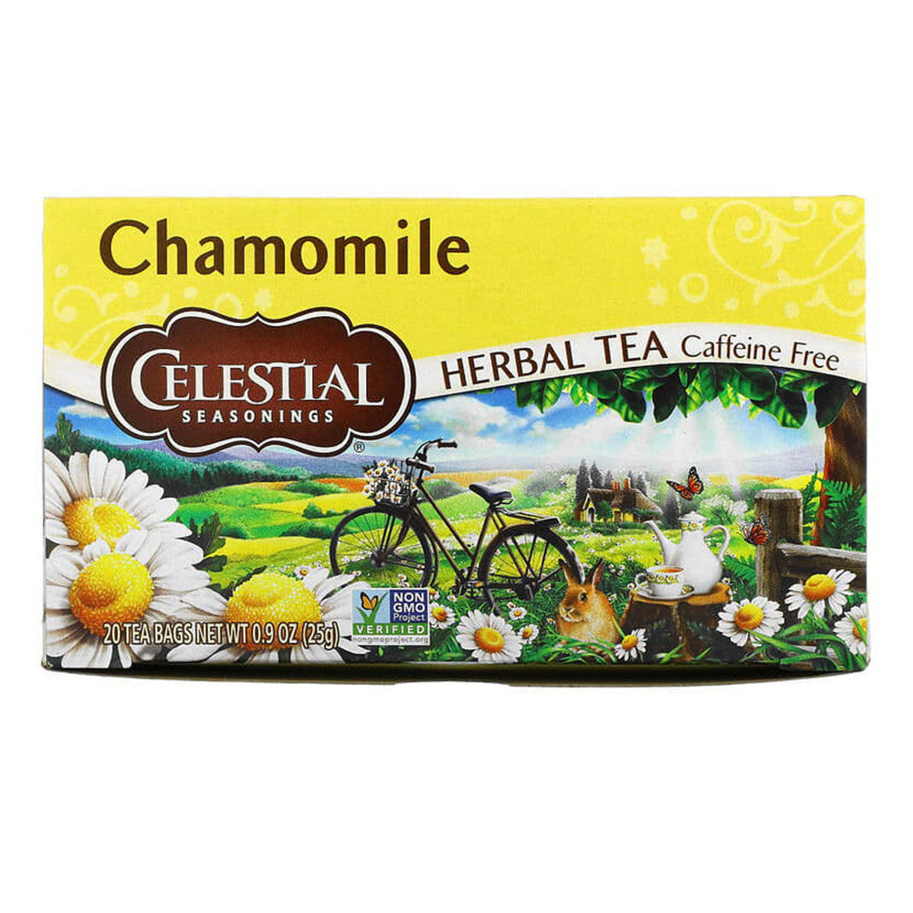 Celestial Seasonings Chamomile Herbal Tea packaging with a scenic illustration on a white background